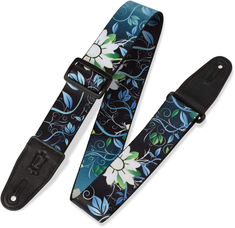 Levy's Leathers 2" Wide Polyester Guitar Strap with Genuine Leather Ends; Black and Blue Floral Motif (MPD2-038)